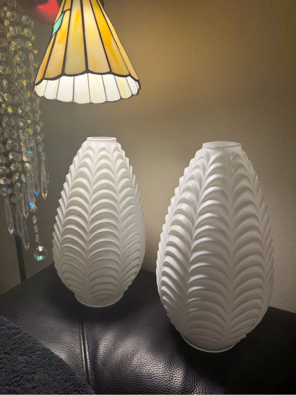 Vintage Pair MCM Tear Drop Swag Light Shade Covers White Glass Ruffled Feather
